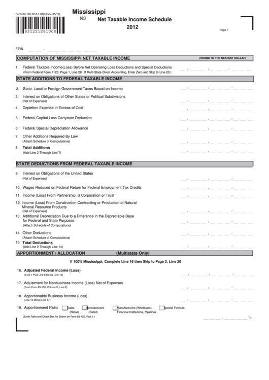 Fillable Form 83-122-12-8-1-000 - Mississippi Net Taxable Income Schedule - 2012 Printable pdf