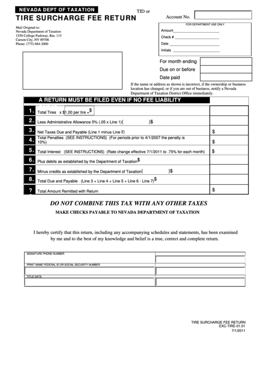 Fillable Form Exc-Tire-01.01 - Tire Surcharge Fee Return Printable pdf