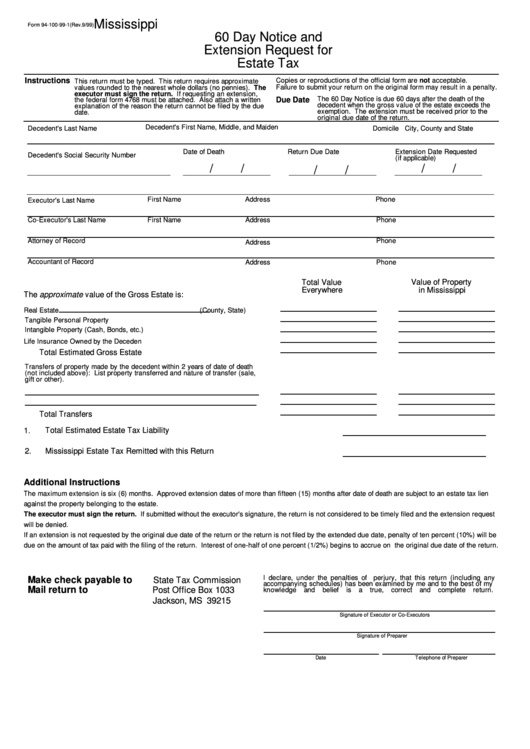 Form 94-100-99-1 - Mississippi 60 Day Notice And Extension Request For Estate Tax Printable pdf