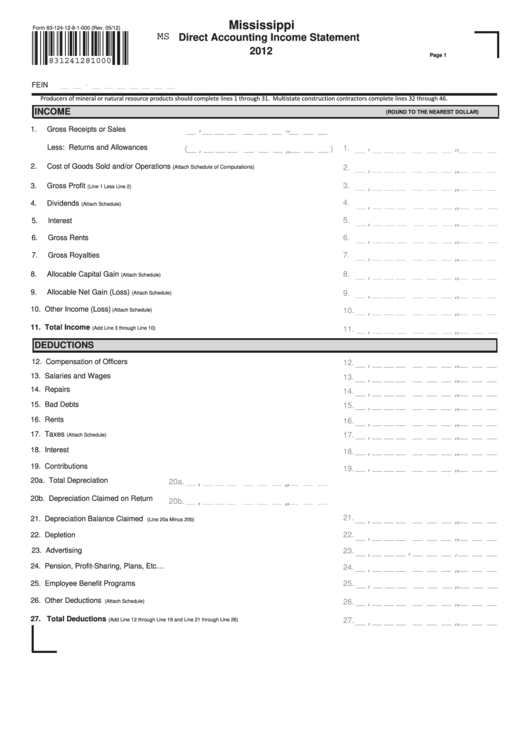 Fillable Form 83-124-12-8-1-000 - Mississippi Direct Accounting Income Statement - 2012 Printable pdf