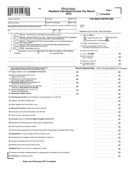 Fillable Form 80-105-12-8-1-000 - Mississippi Resident Individual Income Tax Return - 2012 Printable pdf