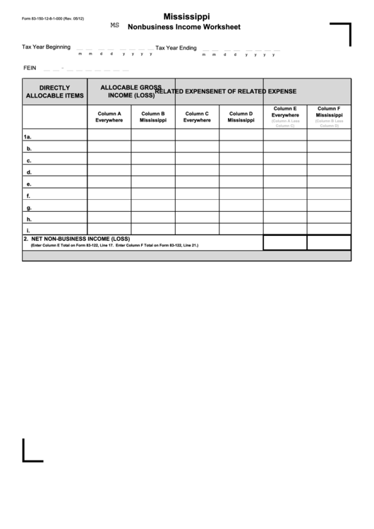Form 83-150-12-8-1-000 - Mississippi Nonbusiness Income Worksheet Printable pdf