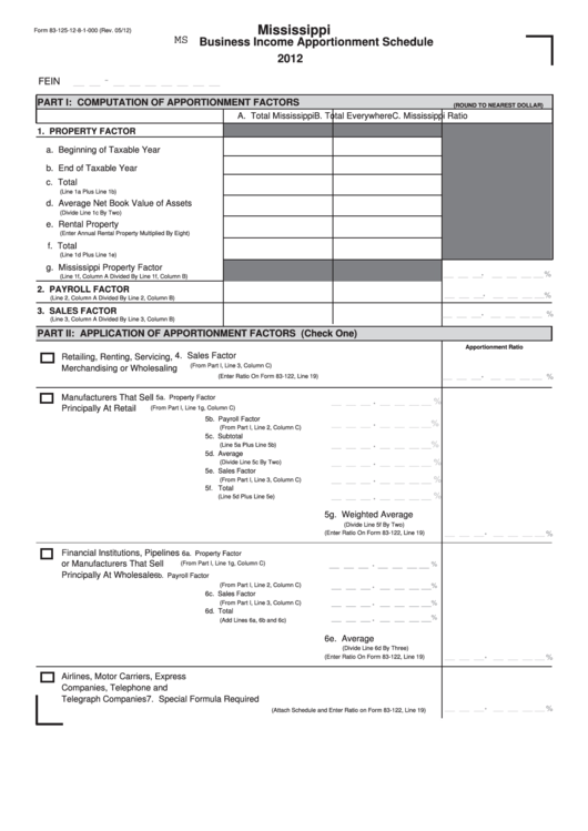 Fillable Form 83-125-12-8-1-000 - Mississippi Business Income Apportionment Schedule - 2012 Printable pdf