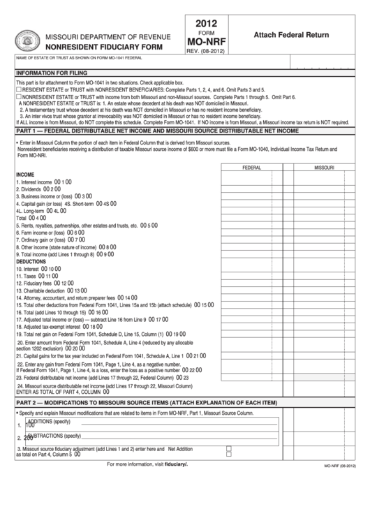 Fillable Form Mo-Nrf - Nonresident Fiduciary Form - 2012 Printable pdf