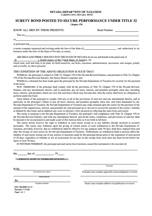 Form Exc-Cig-Bnd-01.01 - Surety Bond Posted To Secure Performance Under Title 32 - Nevada Department Of Taxation Printable pdf