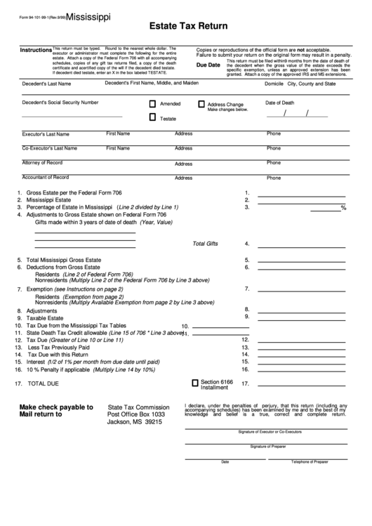 Form 94-101-99-1 - Mississippi Estate Tax Return Printable pdf