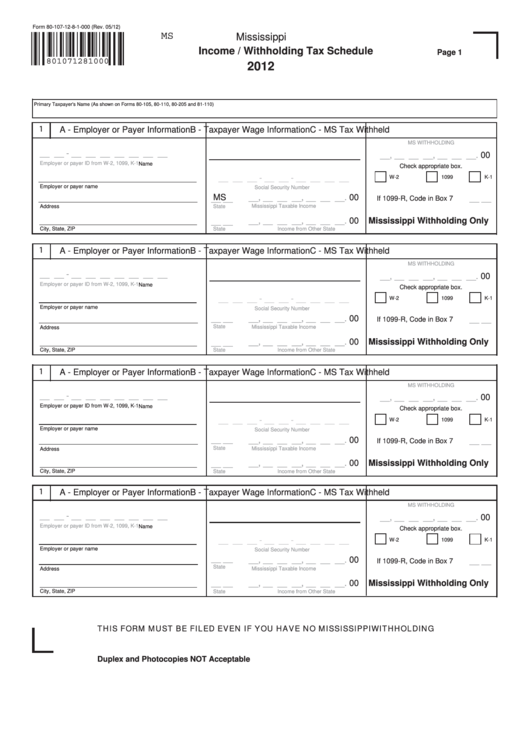 Fillable Form 80-107-12-8-1-000 - Income / Withholding Tax Schedule - 2012 Printable pdf