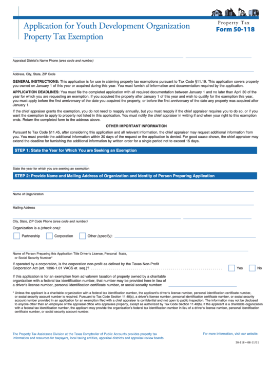 Fillable Form 50-118 - Application For Youth Development Organization Property Tax Exemption Printable pdf