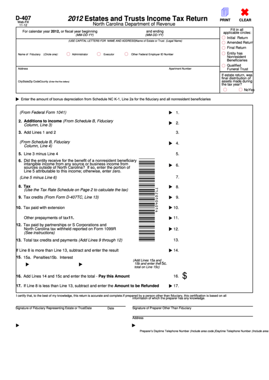 Fillable Form D-407 - Estates And Trusts Income Tax Return - 2012 Printable pdf