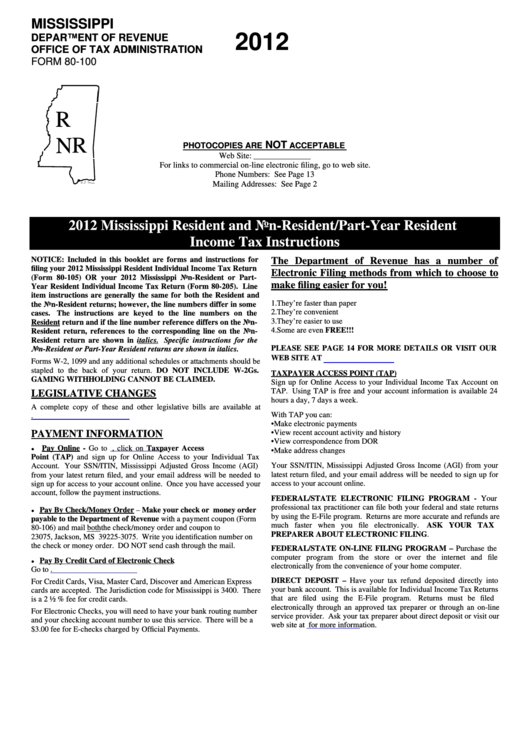 Instructions For Form 80-100 - Mississippi Resident And Non-Resident/part-Year Resident Income Tax - 2012 Printable pdf