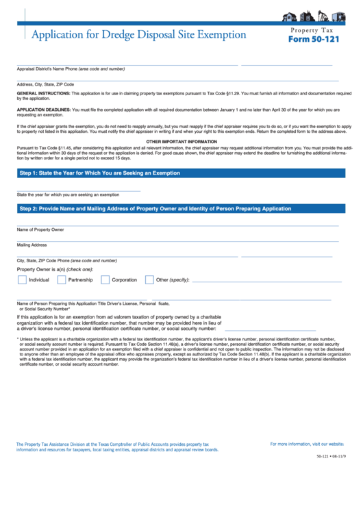 Fillable Form 50-121 - Application For Dredge Disposal Site Exemption Printable pdf