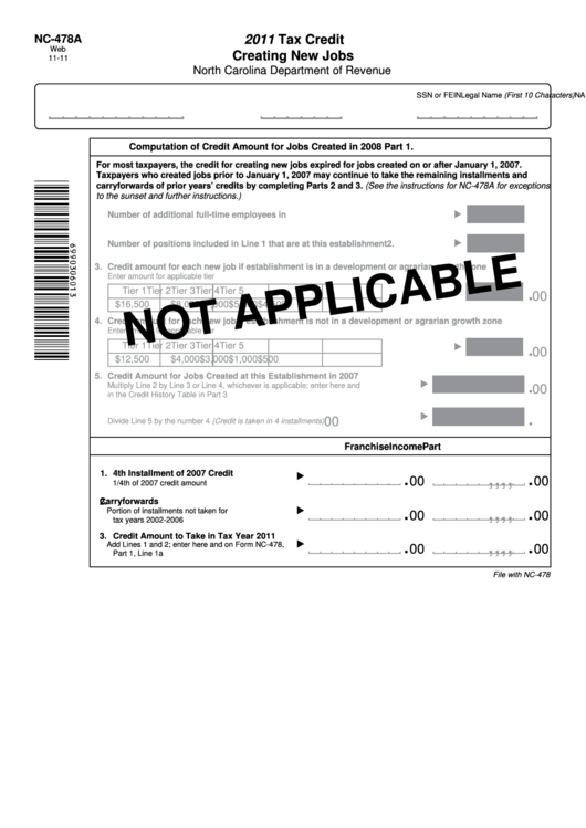 Form Nc-478a Draft - Tax Credit Creating New Jobs - 2011 Printable pdf