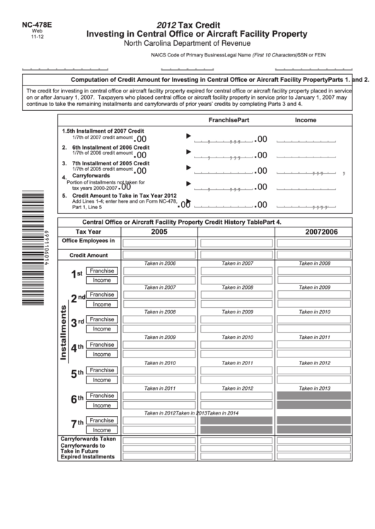 Form Nc-478e - Tax Credit Investing In Central Office Or Aircraft Facility Property - 2012 Printable pdf