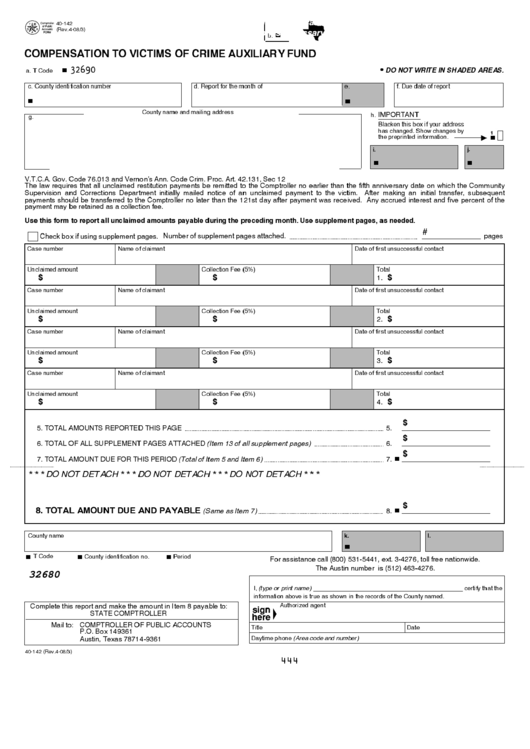 Fillable Form 40-142 - Compensation To Victims Of Crime Auxiliary Fund Printable pdf