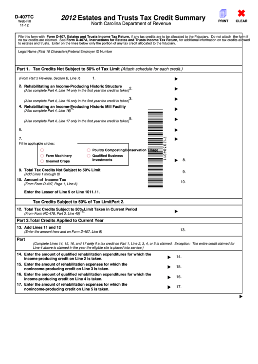 Fillable Form D-407tc - Estates And Trusts Tax Credit Summary - 2012 Printable pdf