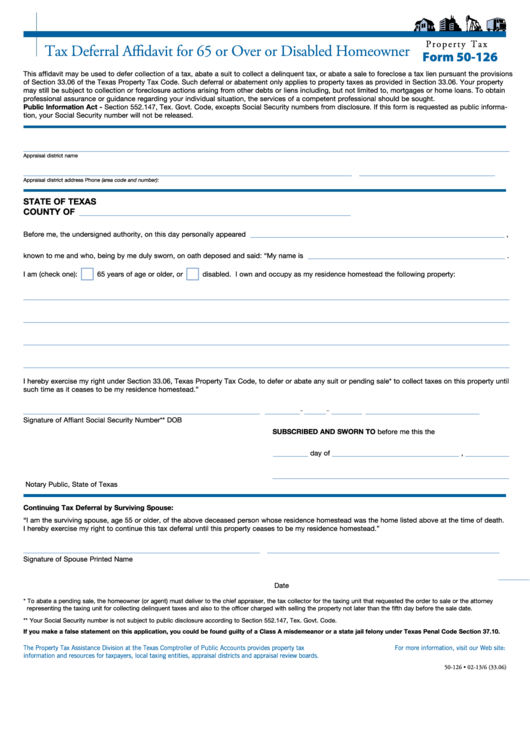 Fillable Form 50-126 - Tax Deferral Affidavit For 65 Or Over Or Disabled Homeowner Printable pdf