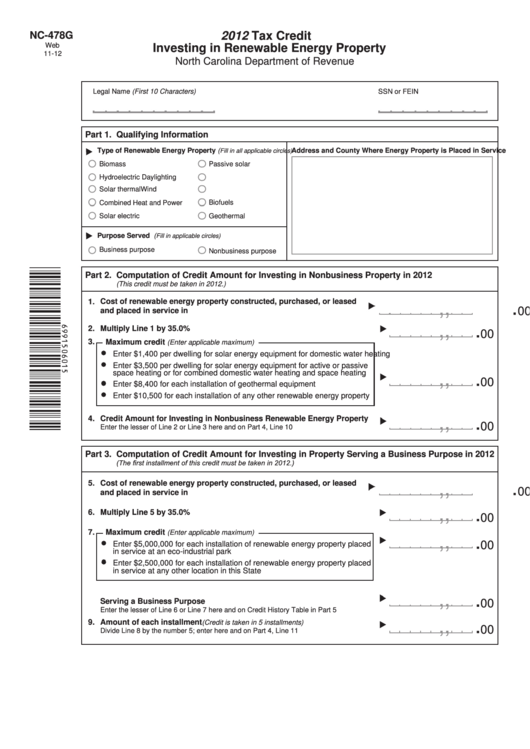 Form Nc-478g - Tax Credit Investing In Renewable Energy Property - 2012 Printable pdf