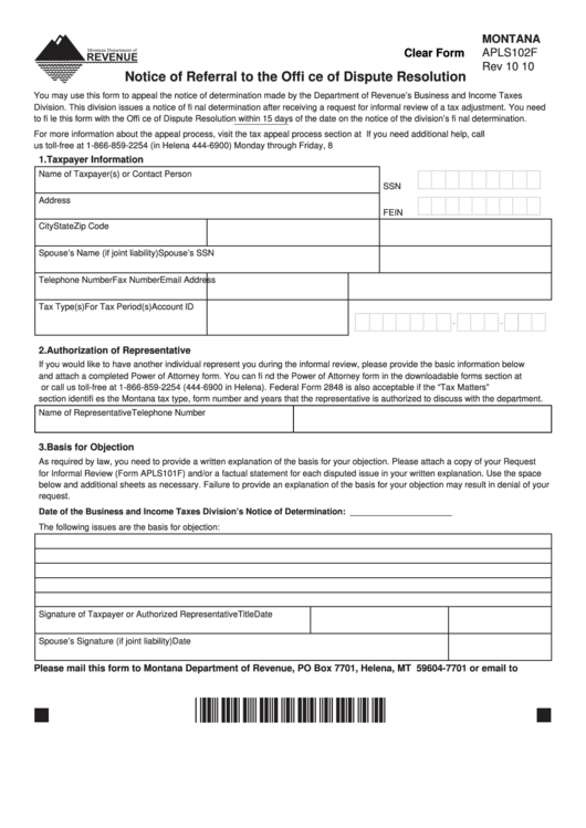 Fillable Form Apls102f - Notice Of Referral To The Office Of Dispute Resolution Printable pdf