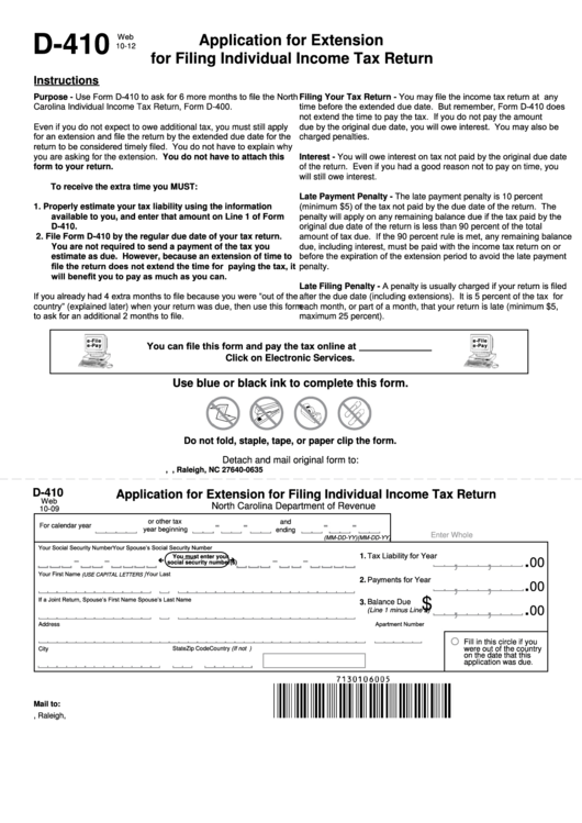 Fillable Form D-410 - Application For Extension For Filing Individual Income Tax Return Printable pdf