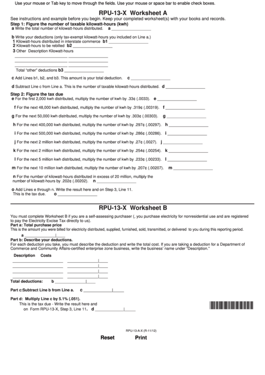 Fillable Form Rpu-13-X - Worksheet A, Worksheet B Printable pdf