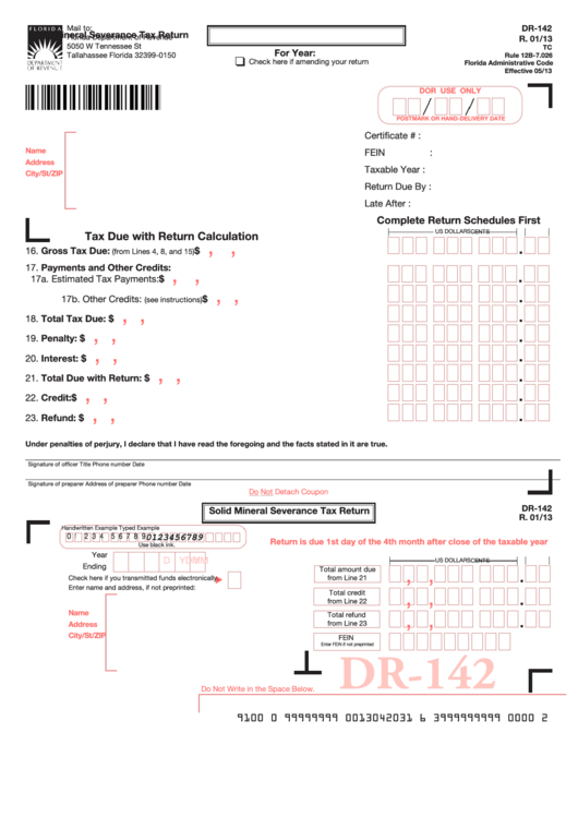 Form Dr-142 - Solid Mineral Severance Tax Return Printable pdf