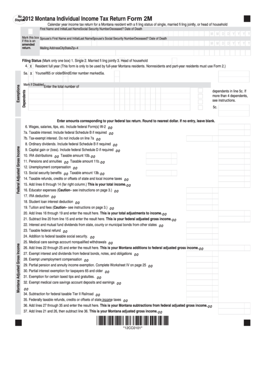 Fillable Form 2m - Montana Individual Income Tax Return - 2012 Printable pdf