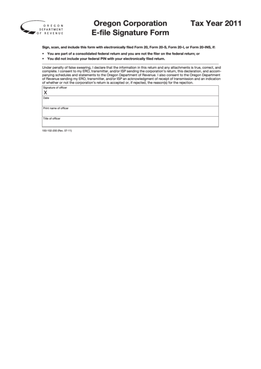 Fillable Oregon Corporation E-File Signature Form - 2011 Printable pdf