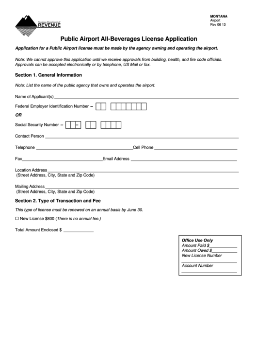 Form Airport - Public Airport All-Beverages License Application Printable pdf