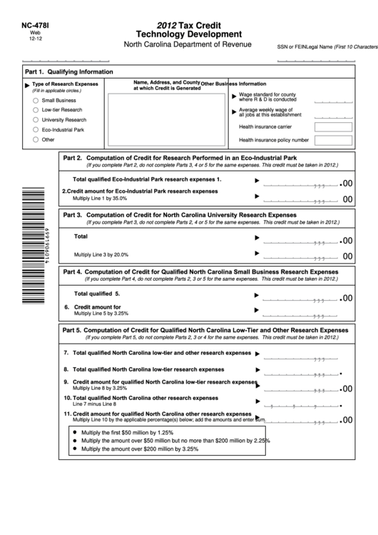 Form Nc-478i - Tax Credit Technology Development - 2012 Printable pdf