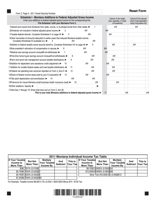 Fillable Form 2 - Schedule I Montana Additions To Federal Adjusted Gross Income - 2011 Printable pdf