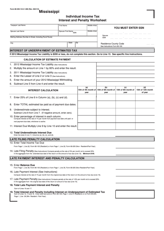 Fillable Form 80-320-12-8-1-000 - Mississippi Individual Income Tax Interest And Penalty Worksheet Printable pdf
