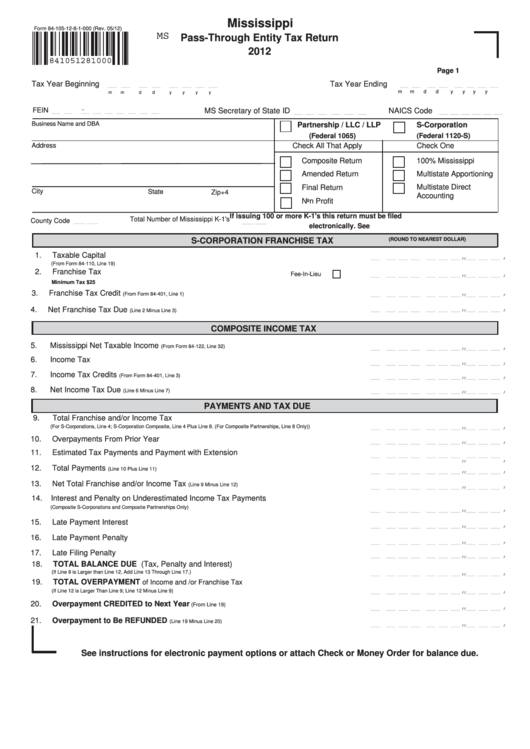 Fillable Form 84-105-12-8-1-000 - Mississippi Pass-Through Entity Tax Return - 2012 Printable pdf