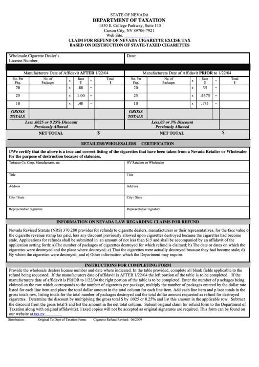 Fillable Form Cigarette Refund - Claim For Refund Of Nevada Cigarette Excise Tax Based On Destruction Of State-Taxed Cigarettes - Printable pdf