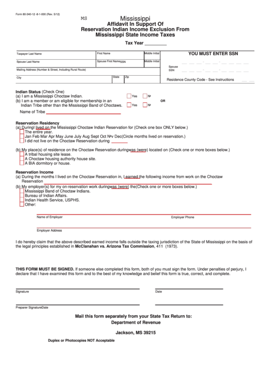 Fillable Form 80-340-12 -8-1-000 - Mississippi Affidavit In Support Of Reservation Indian Income Exclusion From Mississippi State Income Taxes Printable pdf