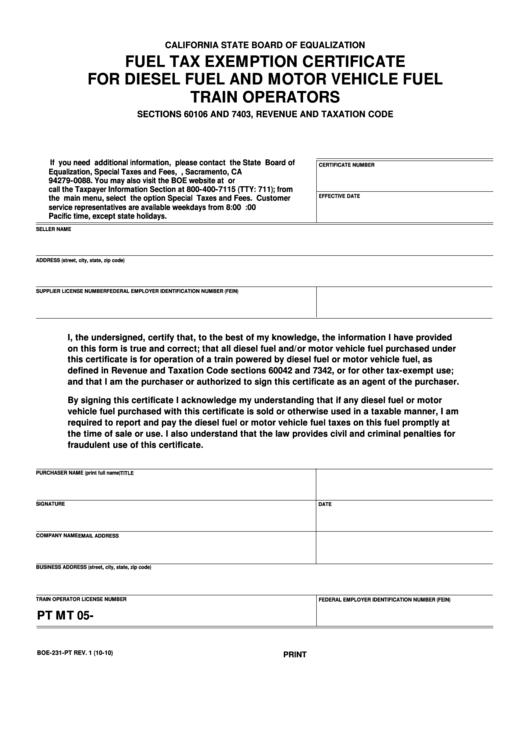 Fillable Form Boe-231-Pt - Fuel Tax Exemption Certificate For Diesel Fuel And Motor Vehicle Fuel Train Operators Printable pdf