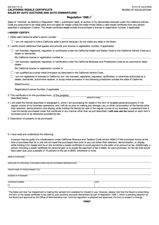 Fillable Form Boe-230-F - California Resale Certificate Printable pdf
