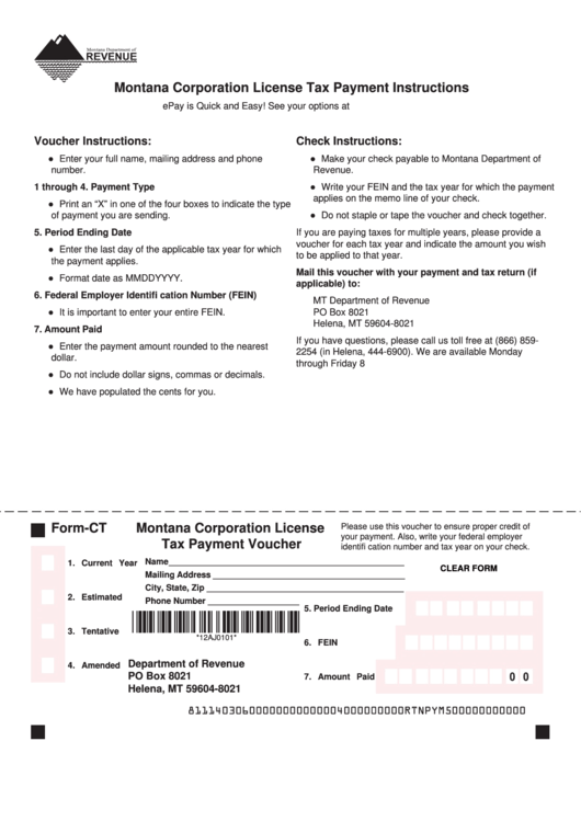 Fillable Form-Ct - Montana Corporation License Tax Payment Voucher Printable pdf