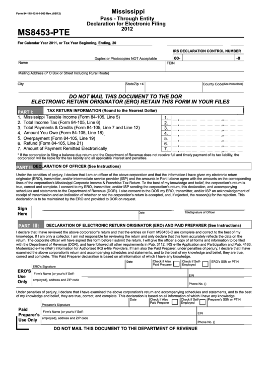Form 84-115-12-8-1-000 - Mississippi Pass-Through Entity Declaration For Electronic Filing - 2012 Printable pdf