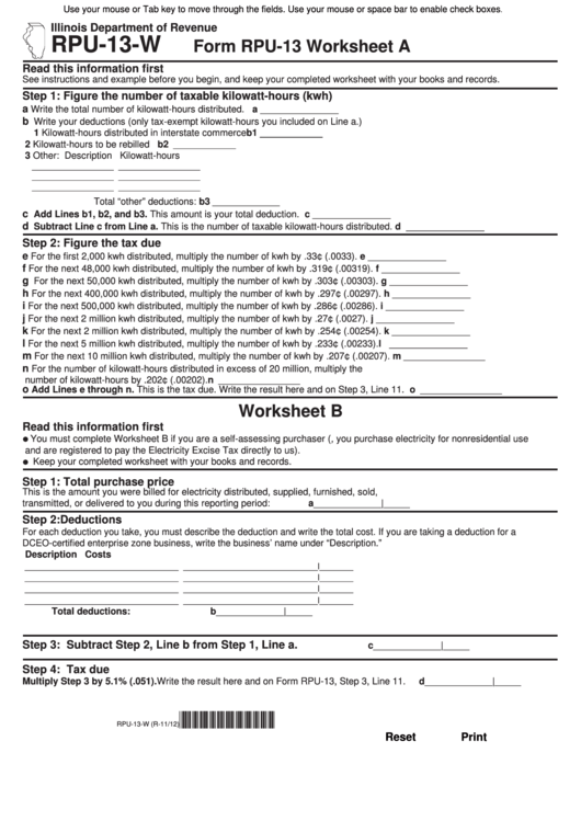 Fillable Form Rpu-13-W - Form Rpu-13 Worksheets A And B Printable pdf