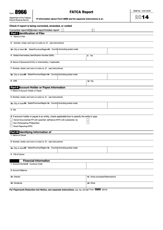 Fillable Form 8966 - Fatca Report - 2014 Printable pdf