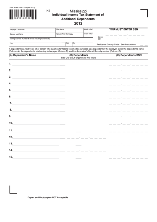 Fillable Form 80-491-12-8-1-000 - Mississippi Individual Income Tax Statement Of Additional Dependents - 2012 Printable pdf