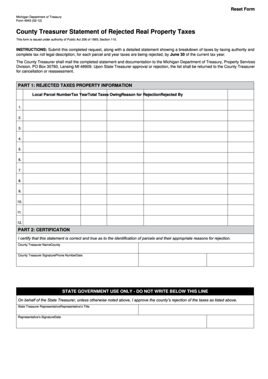 Fillable Form 4943 - County Treasurer Statement Of Rejected Real Property Taxes Printable pdf