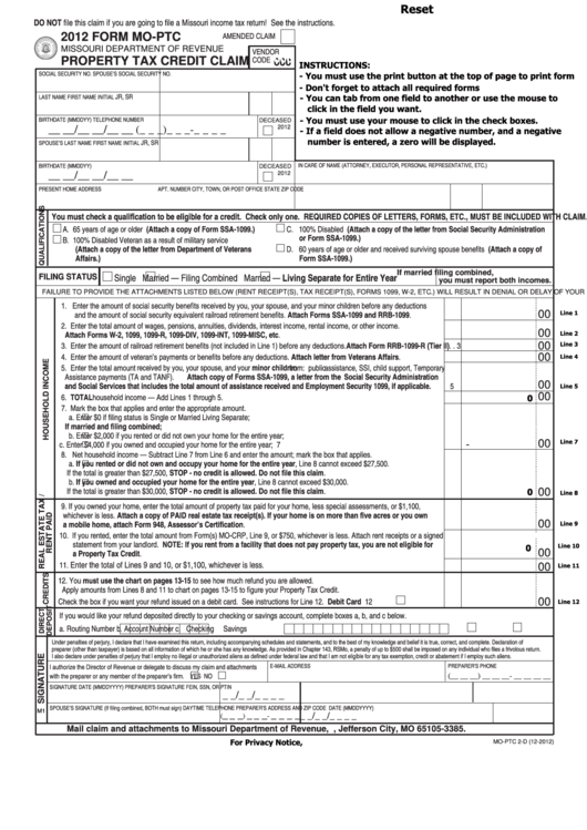 Fillable Form Mo-Ptc - Property Tax Credit Claim Fillable Calculating - 2012, Form Mo-Crp - Certification Of Rent Paid For 2012 Printable pdf