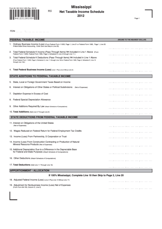 Fillable Form 84-122-12-8-1-000 - Mississippi Net Taxable Income Schedule - 2012 Printable pdf