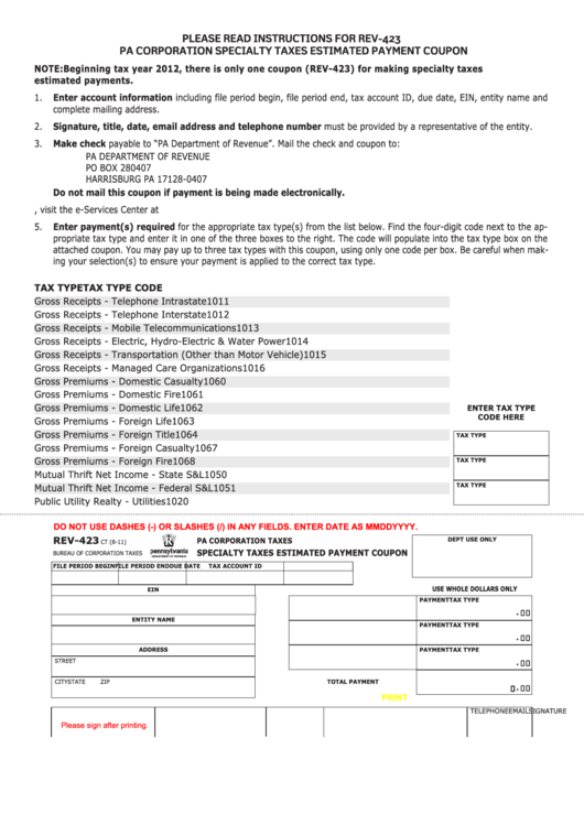 Fillable Form Rev-423 - Specialty Taxes Estimated Payment Coupon - Pa Corporation Taxes Printable pdf