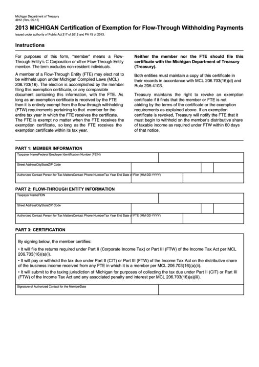 Form 4912 - Michigan Certification Of Exemption For Flow-Through Withholding Payments - 2013 Printable pdf