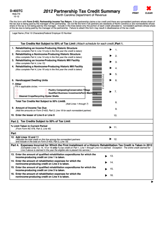 Fillable Form D-403tc - Partnership Tax Credit Summary - 2012 Printable pdf