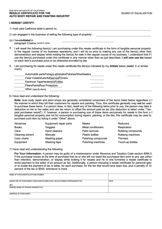 Form Boe-230-A - Resale Certificate For The Auto Body Repair And Painting Industry Printable pdf