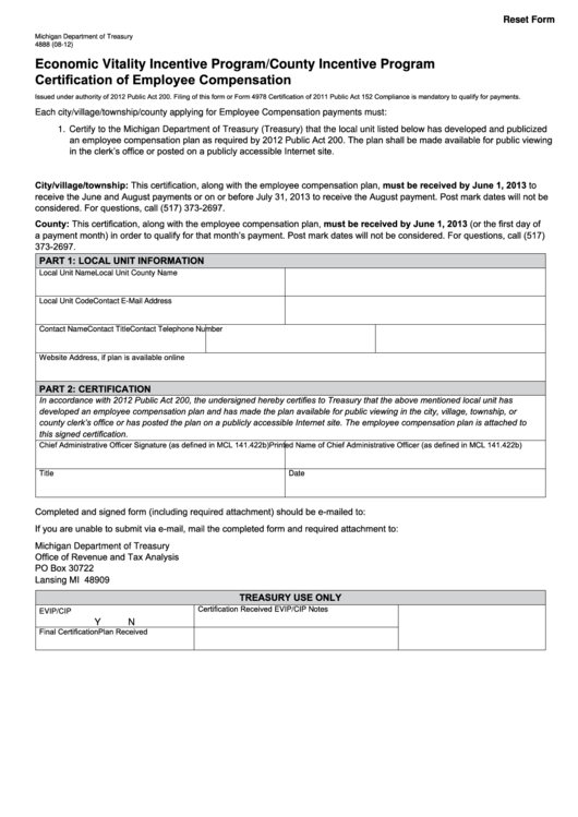 Fillable Form 4888 - Economic Vitality Incentive Program/county Incentive Program Certification Of Employee Compensation Printable pdf