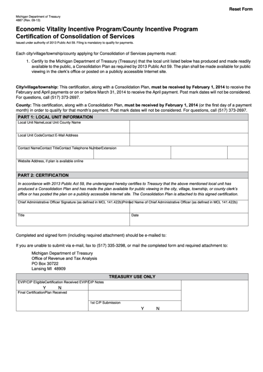 Fillable Form 4887 - Economic Vitality Incentive Program/county Incentive Program Certification Of Consolidation Of Services Printable pdf